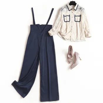 

Women wide leg pant suit new 2020 spring summer elegant floral lace tops color block turn down collar shirts two piece set blue