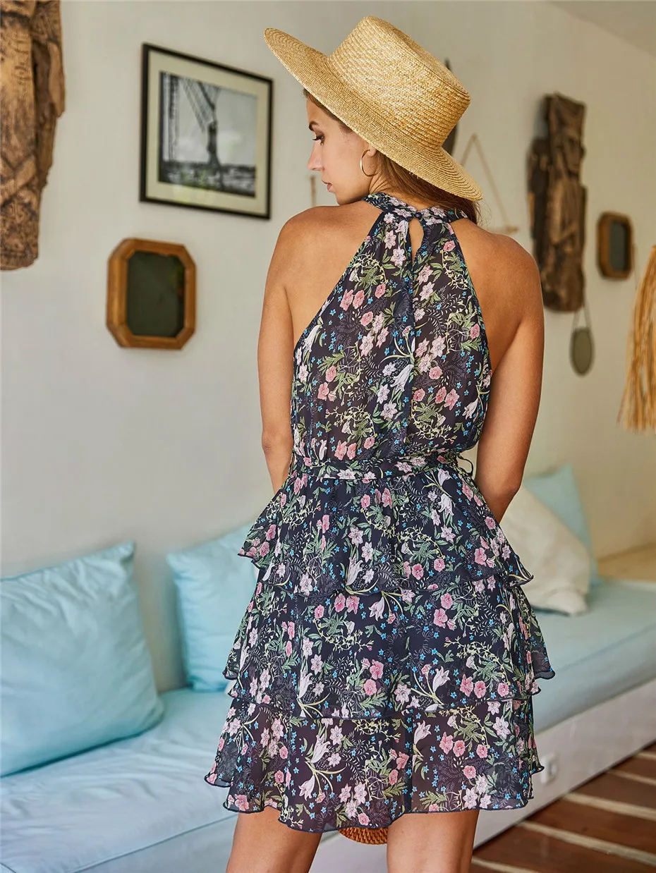 Dropship Summer Dress For Women Chiffon Sexy Mini Dress Print Ruffle Dresses Floral Party Sleeveless Casual Dresses Women Summer