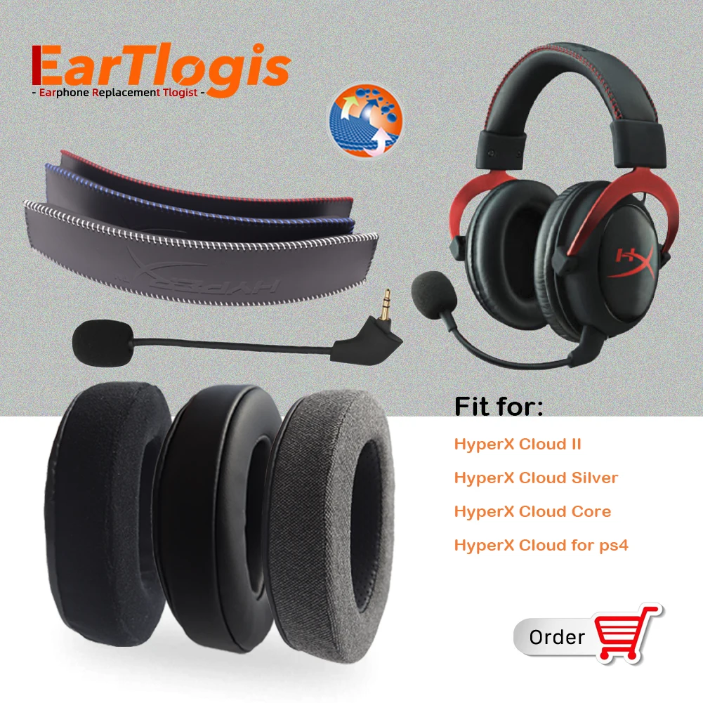 EarTlogis Replacement Parts for HyperX Cloud Silver, Core, II, for PS4
