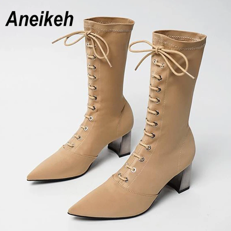 

Aneikeh Fashion Stretch Fabric Ankle Boots Chunky High Heels Stretch Women Autumn Sexy Booties Pointed Toe Lace Up Women Pumps