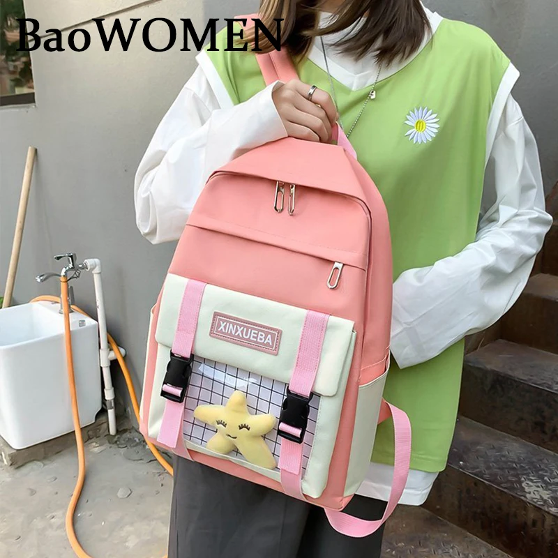 

BaoWomen 4pcs/Set Women Backpacks Canvas Cute Bear Pattern Backpack Teenager Girls Contrast Color Letters Print Rucksack School