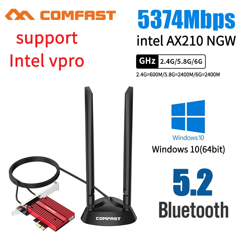 Intel vPro Tri Band 5374Mbps Wifi 6E Intel AX210 PCI-E Wifi Wireless Card Bluetooth 5.2 802.11ac/ax AX210NGW With 2*6dbi Antenna 