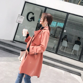 

Korean-Style Solid Color Lapel Trench Coat For Women Chic Turn-down Collar Women's Windbreaker Mid-Length Jacket With Sashes