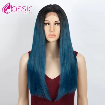 

Synthetic Lace Front Wig Ombre Black Teal Blue 20 inch Long Straight Cosplay Wig For Women Heat Resistant Deep Part ClassicPlus