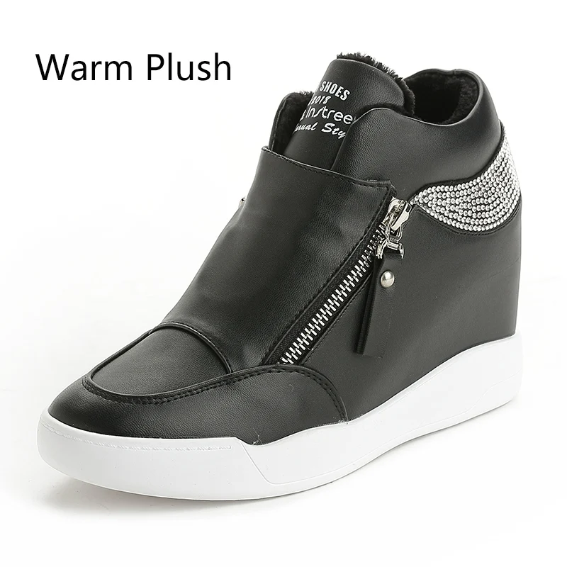 Dumoo/осенне-зимняя обувь; женские кроссовки; женские теплые плюшевые белые/черные кроссовки на платформе и высоком каблуке; zapatillas mujer - Цвет: black plush lining