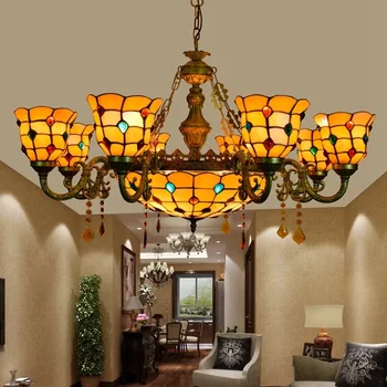 

European style retro Tiffany's stained glass living room dining room bedroom multi head warm crystal glass hanging lamp