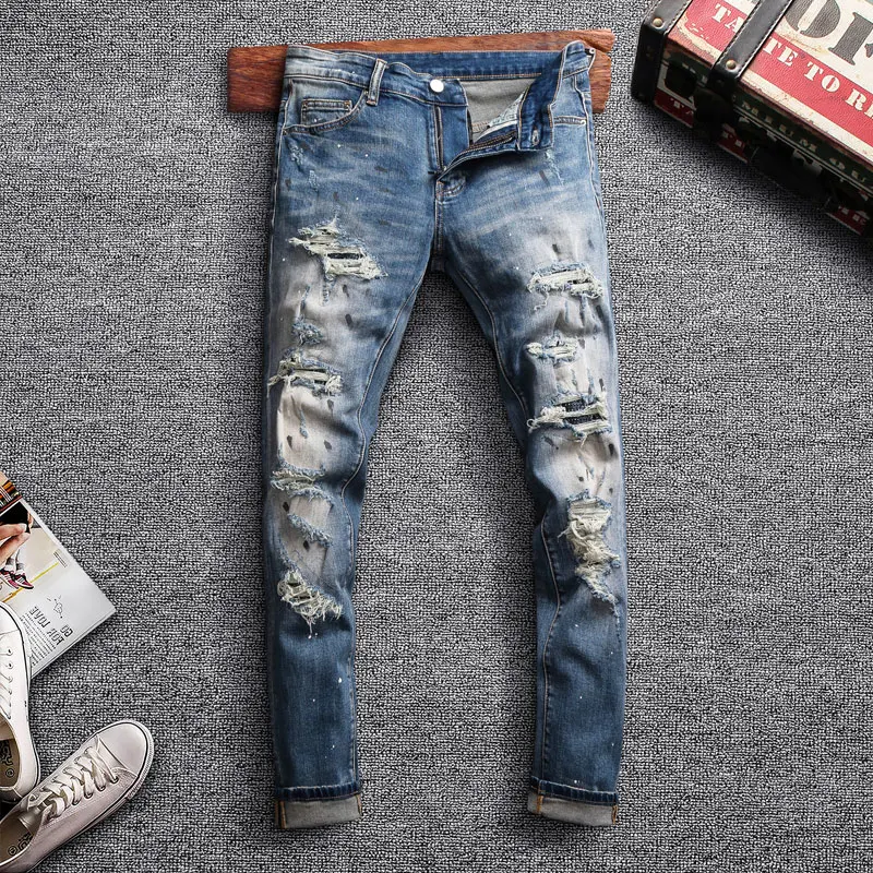 Джинсы мужские рваные в стиле ретро модные брюки байкерском Slim Fit хип-хоп синие