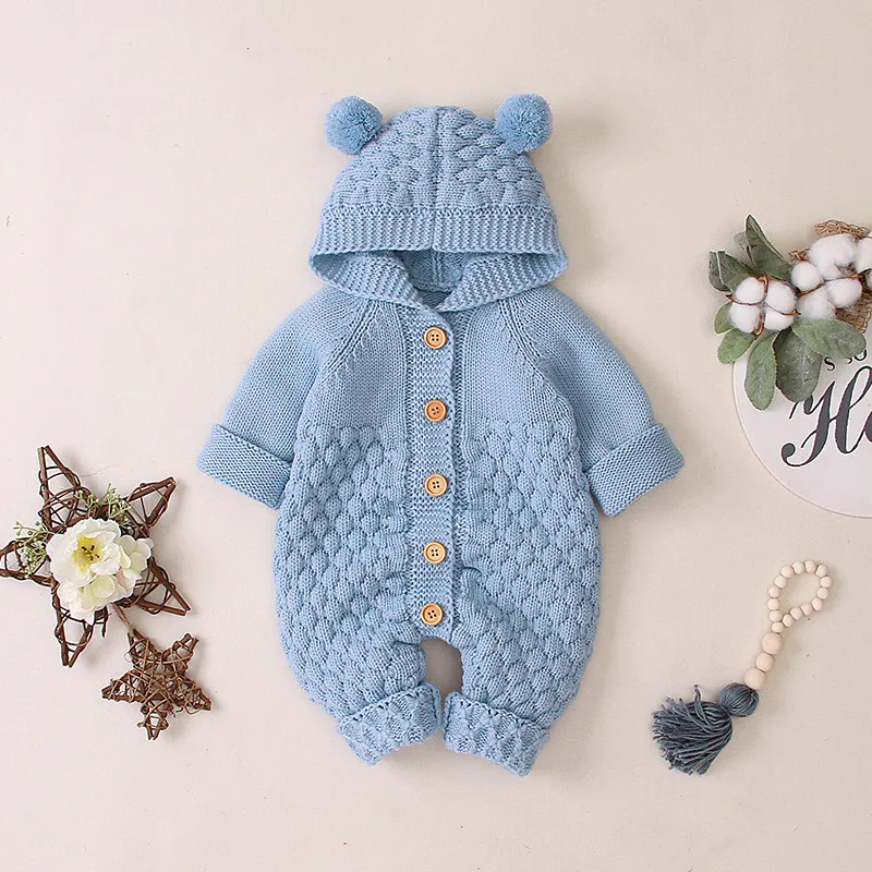 Осенне-зимний трикотажный комбинезон с капюшоном и длинными рукавами для новорожденных; комбинезон; теплая одежда для маленьких мальчиков и девочек - Цвет: Синий