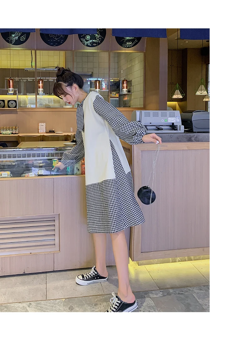 Spring Maternity Dress Long Lantern Sleeve Bow Collar Plaid Patchwork Cotton A-Line Dress Pregnant Women Linen Dress Sweet
