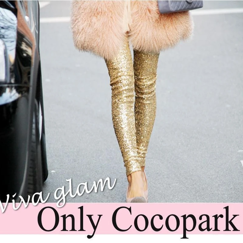 2019 Shining Women Gold-Tone Sequin Leggings Plus Size Fully Sequin Pants Slim Fit Slimming Women Pants F5A120
