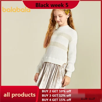 

Balabala Girls dress 2020 winter new children skirt big kids sweater velvet pleated skirt casual warm dress