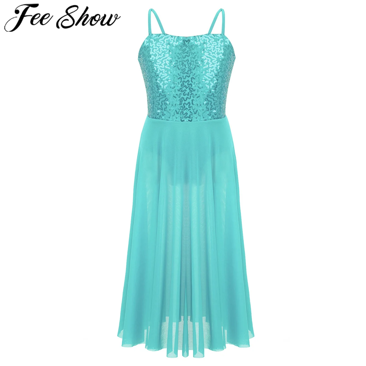 FEESHOW/танцевальная одежда для девочек, балетный тюль, платья, лирический Современный бальный костюм, расшитый блестками, купальник, топ, встроенная короткая одежда