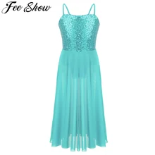 FEESHOW/танцевальная одежда для девочек, балетный тюль, платья, лирический Современный бальный костюм, расшитый блестками, купальник, топ, встроенная короткая одежда