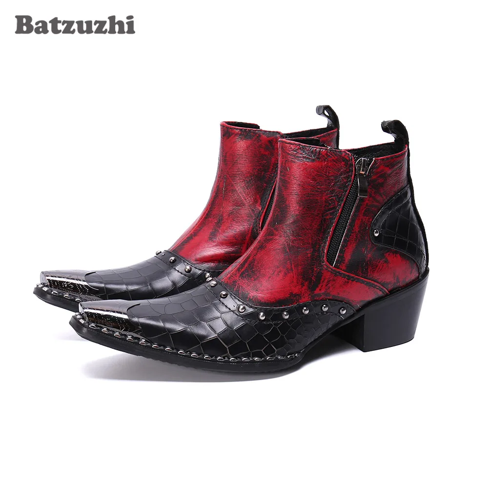 Batzuzhi  Punk Men's Leather Boots Pointed Toe Zip 6.5cm Heels High Men Ankle Boots for Party and Wedding chaussure homme, 38-46