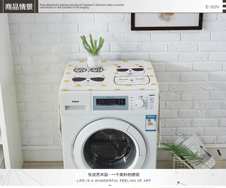 Cartoon Cat Washing Machine Cover Refrigerator Cover Dustproof Waterproof Cover Cotton Linen Bedside Table Cover Towel Microwave