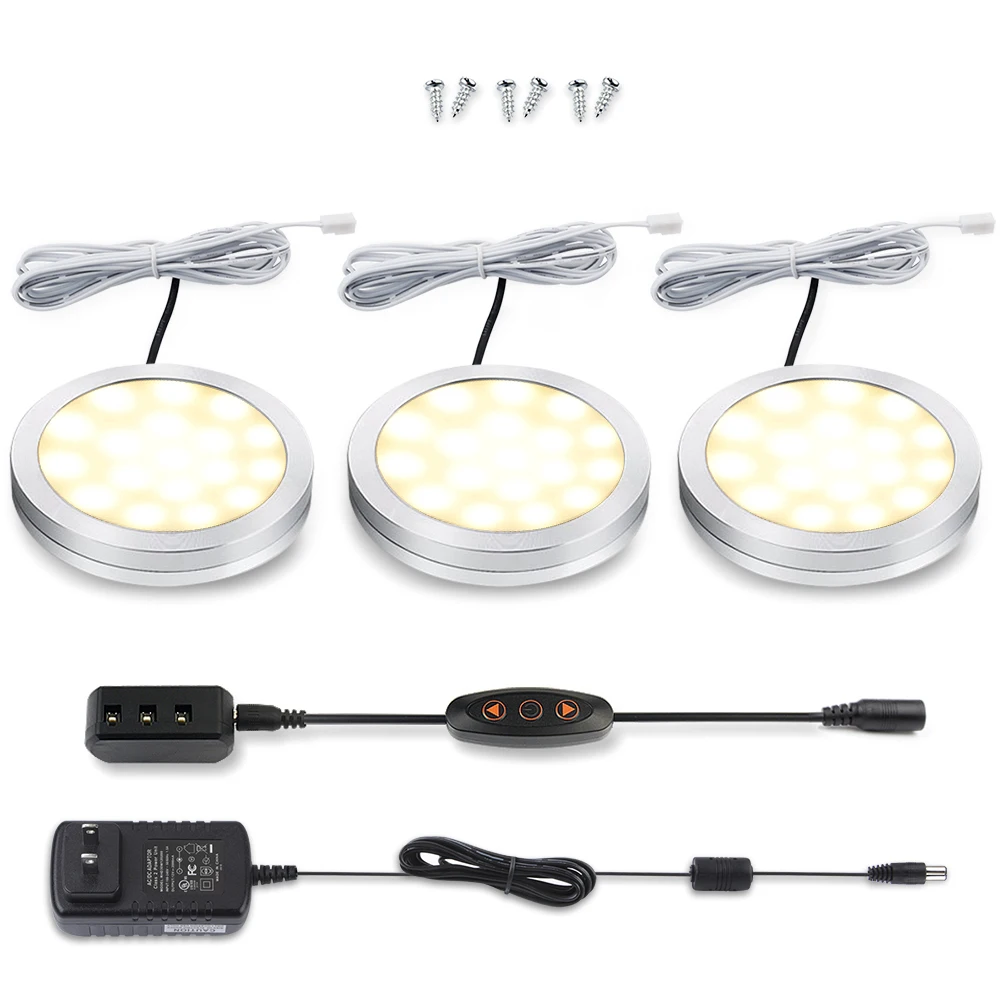 

2W 600lm Dimmable LED Cabinet Puck Lights Under Cabinet Lighting Kit with 10 Levels Brightness Switch 3 Pack Warm White 3000K