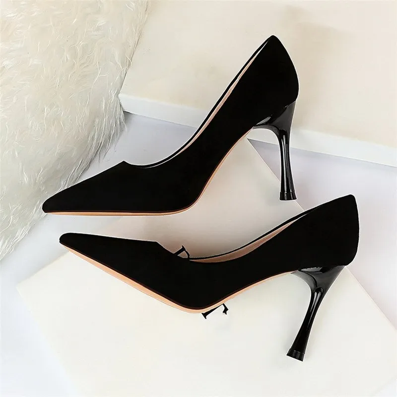 

EOEODOIT Women Formal Party Shoes Sexy Pointed Toe Slip On High Thin Heels Party Office Lady Dress Shoes Flock 8.5 cm Pumps