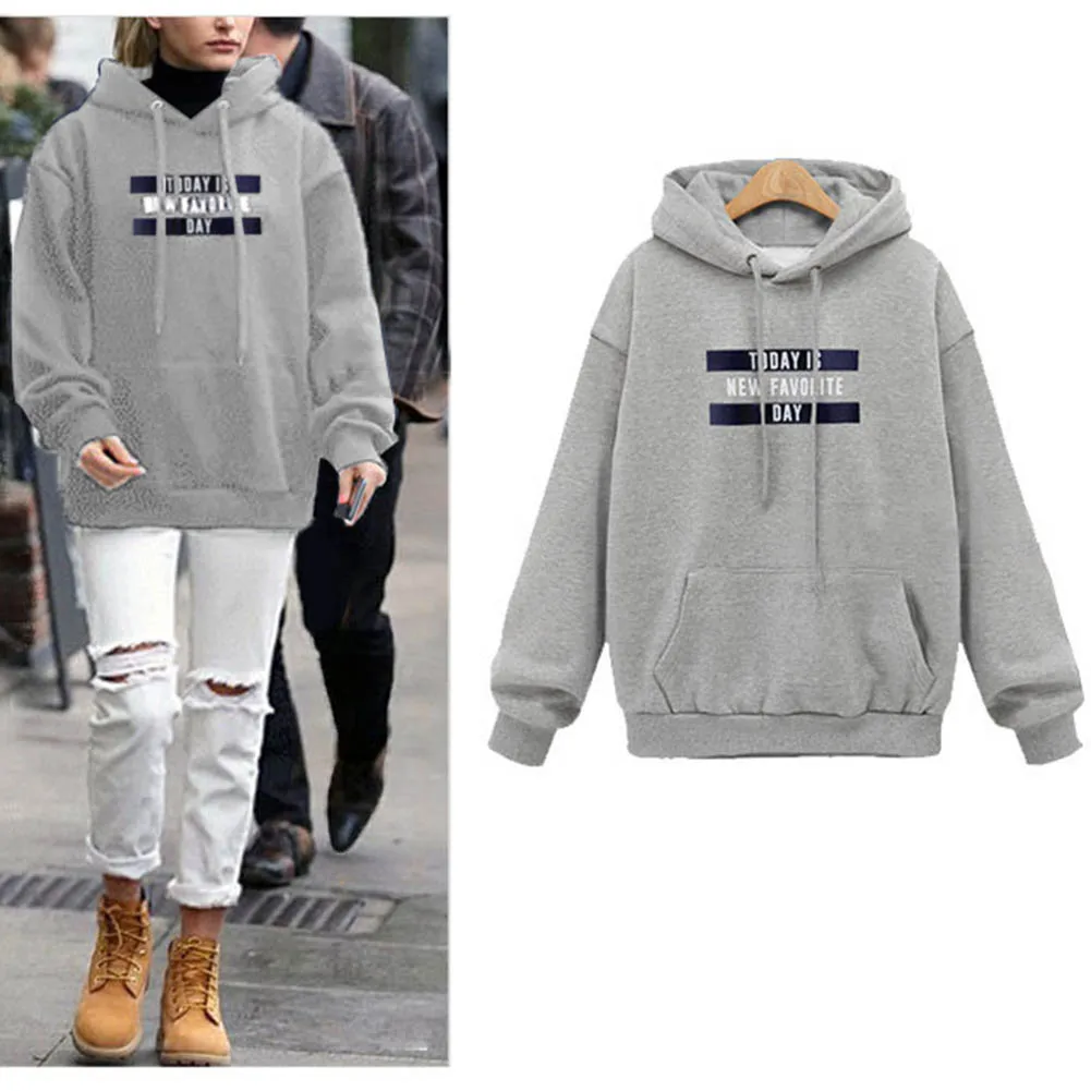Womens Hooded Jumper Tops Long Sleeve Sweatshirt Letter Print Pullover Hoodies with Pocket