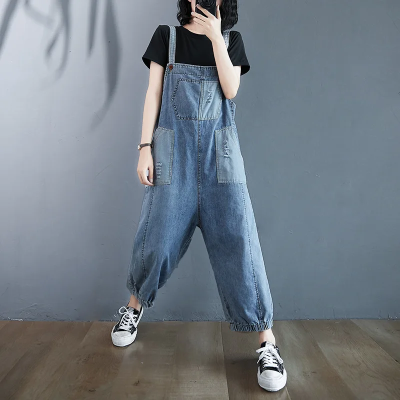 Korean Style Plus Size Overall Jeans Women 2020 New Spring Autumn Strap Pocket Denim Wide Leg Pants Casual Jeans Jumpsuit