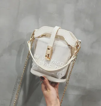 

fashionable, women's bucket gold chain small shoulder, transparent PU bag messenger bags new woman handbags