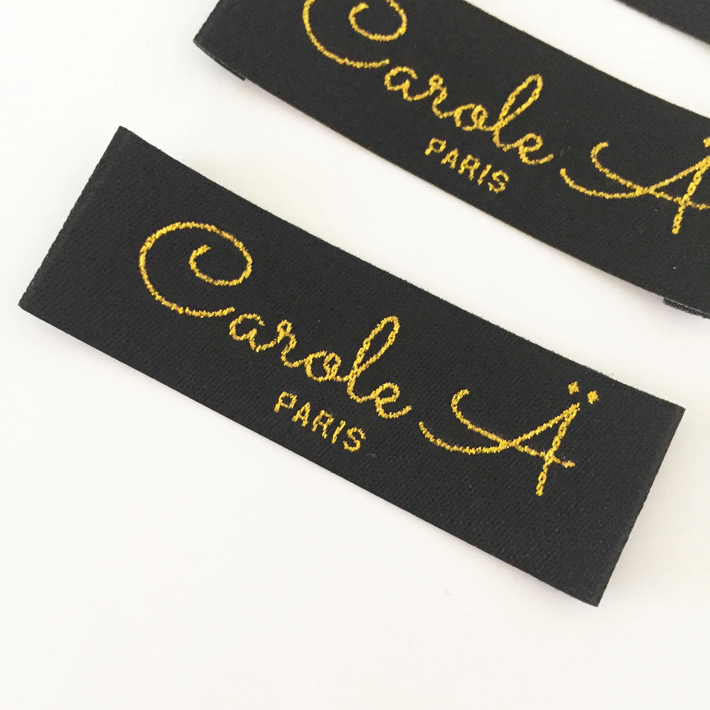 woven clothing labels for clothes, bags/women dress/toys scarfs brand name  labels,black background with gold logo,straight cut - AliExpress