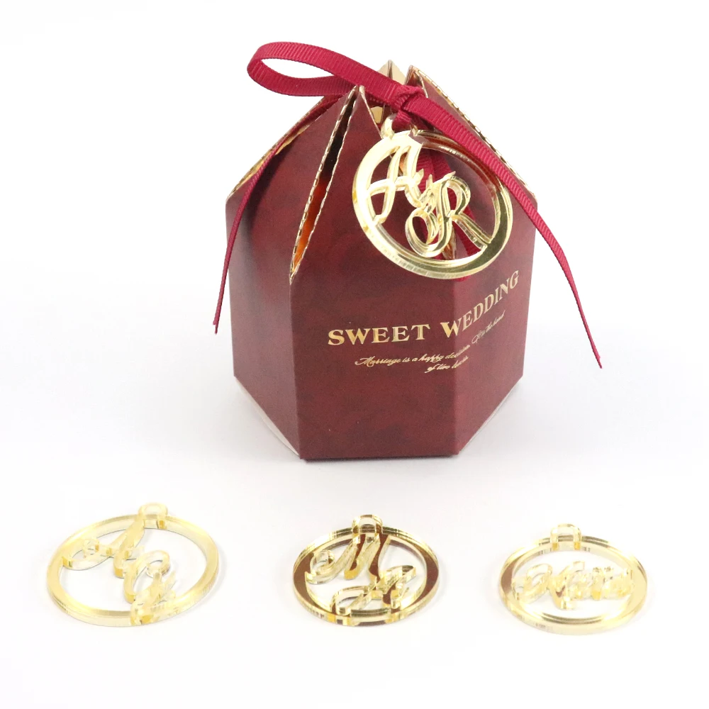 Personalized custom Acrylic wedding name and Initials Logo tags for Baby Favors Mirror silver and golden Wedding Decor