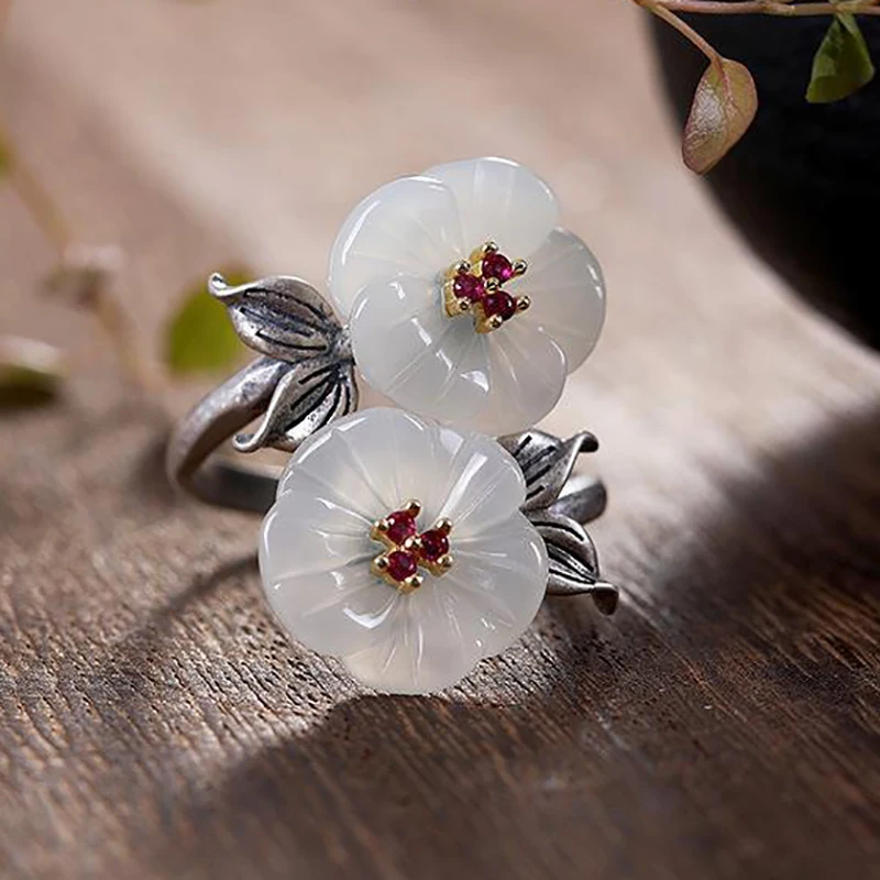 Silver Inlaid Hetian Jade Ancient Style Flowers Chinese Retro Ladies Ring
