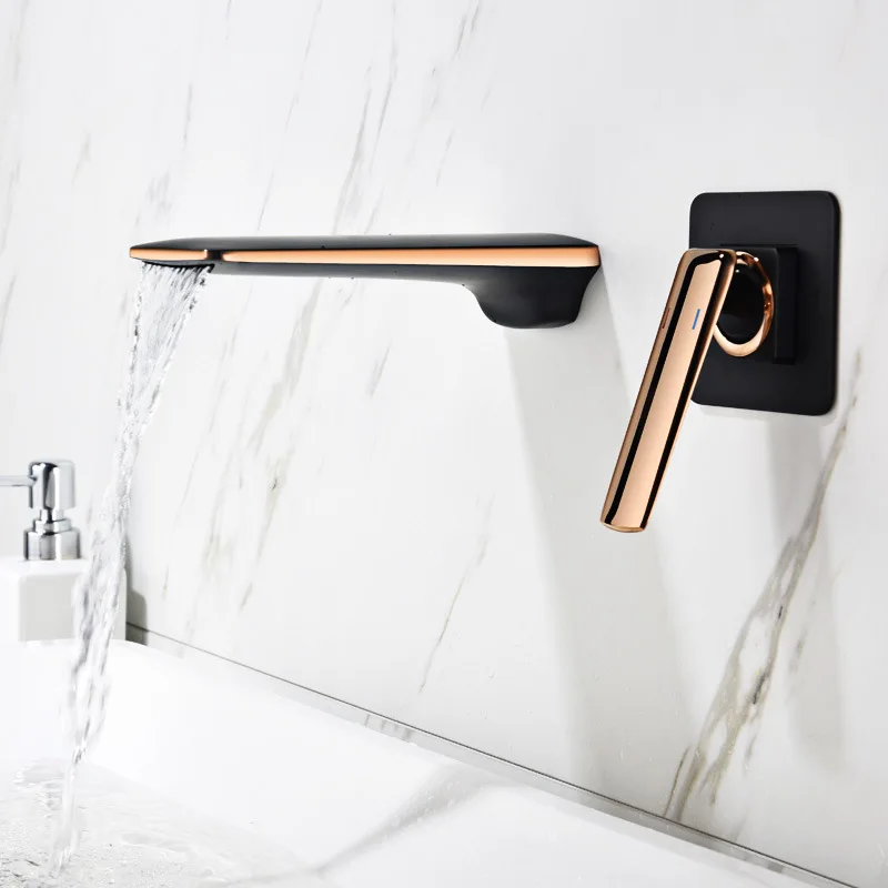 

Tuqiu Basin Faucet Rose Gold and Black Bathroom Sink Faucet In-Wall Black Waterfall Tap Basin Mixer Tap Set Combination Blanoir