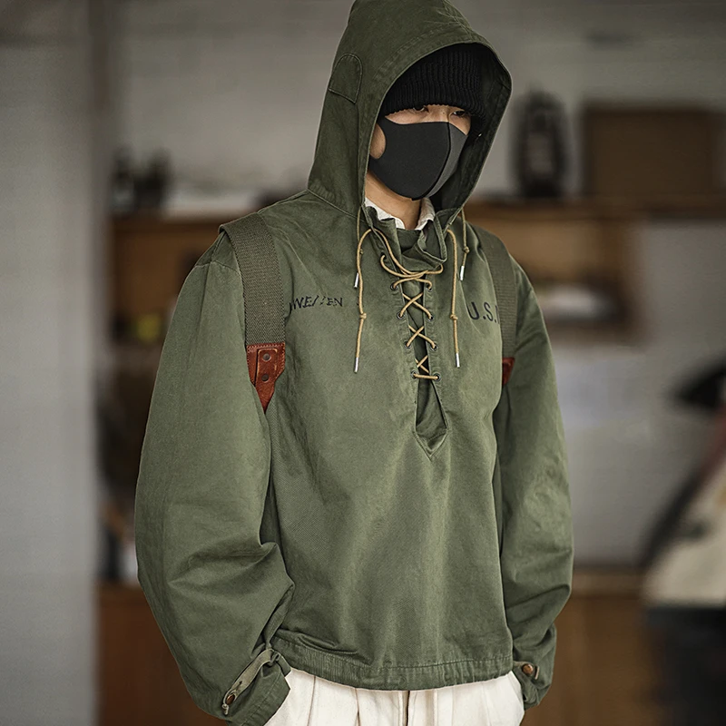 male caza Tactical Camo  Arm  airsoft Hooded Pullover Deck Parker Neckline  Green Sweatshirt Cuffs Ribbon Closure Jacket