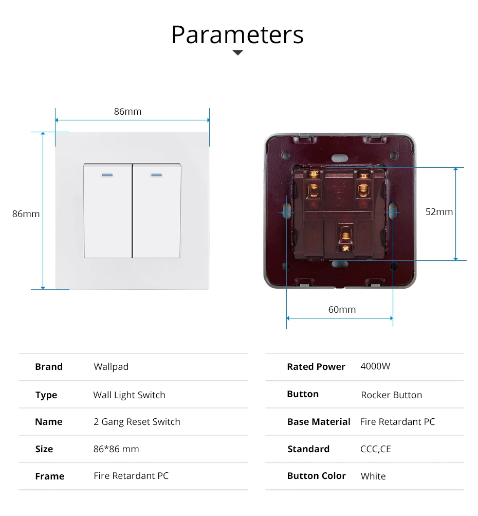 2 Gang Reset Momentary Contact Wallpad Luxury White Wall Light Switch Rocker Switch 16A AC110~250V PC Panel Electric Shutter
