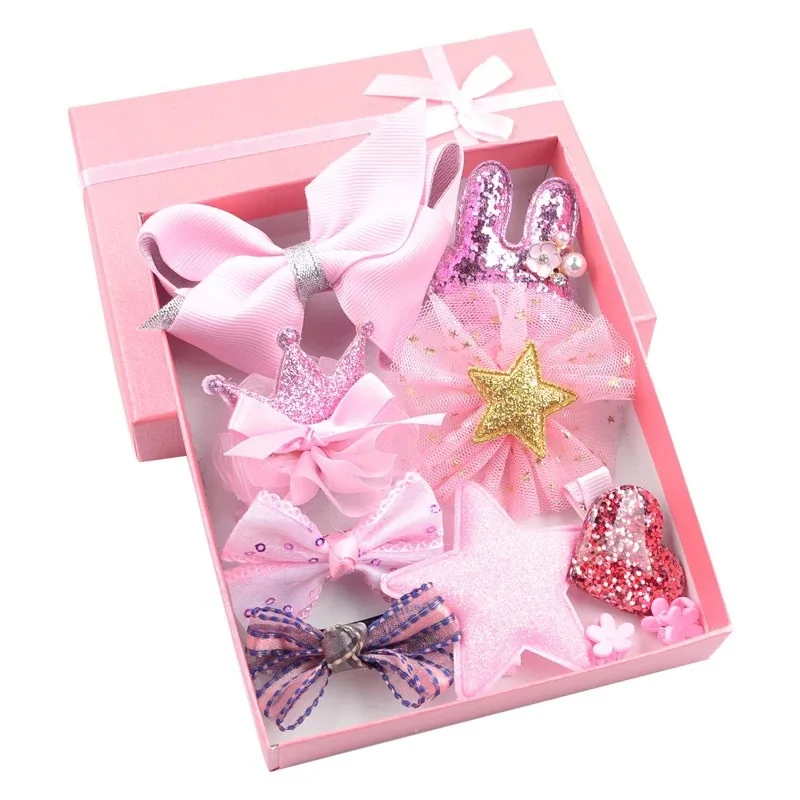 Детские десять комплектов аксессуаров для волос, Подарочная коробка, тканевая заколка-бабочка, милый подарочный набор для маленькой девочки на день рождения