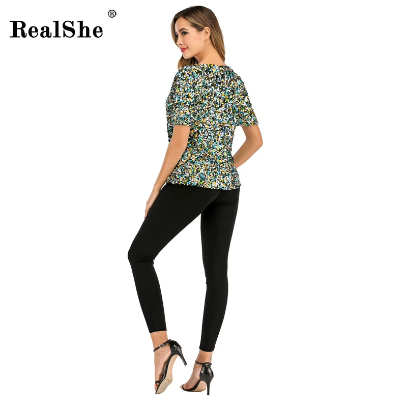 RealShe Tshirt Women O-Neck Short Sleeve Sequins T Shirt Women Summer Casual Elegant T-shirt Femme Fashion Women's T-shirts