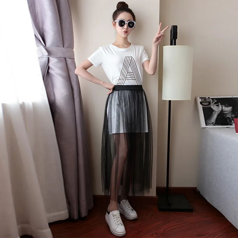

2019 New Style Transparent Mesh Skirt Overskirt Mid-length Transparent Gauze Skirt Mesh Dress Lace Dress