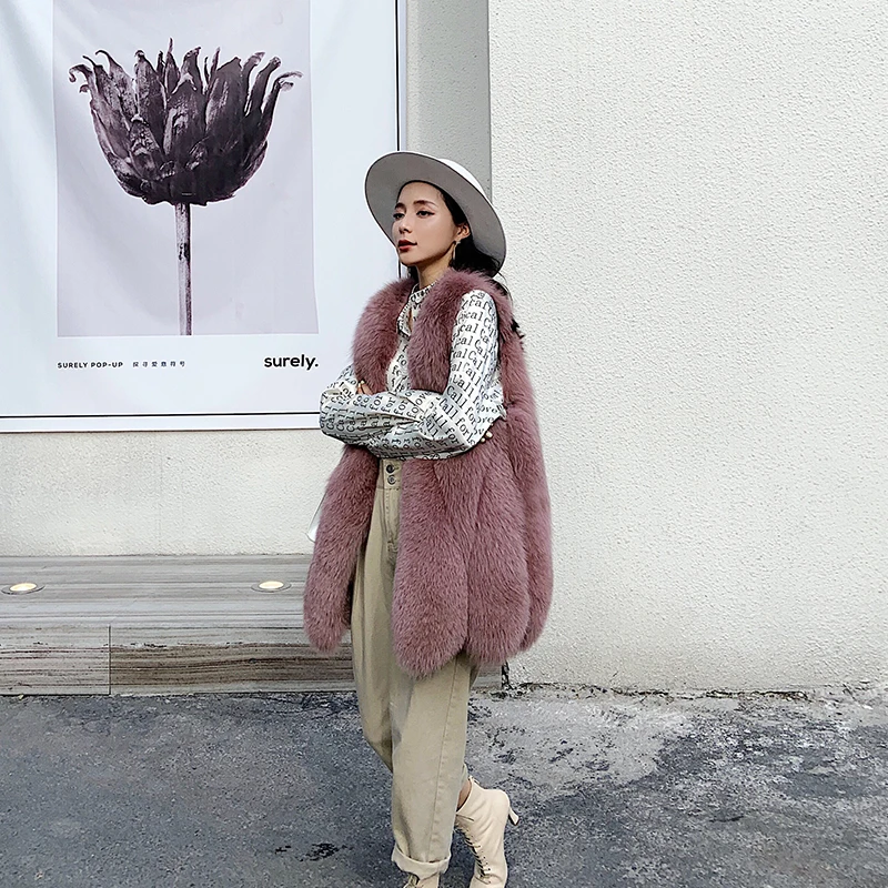 Pink and purple Женская одежда Зимний натуральный женский полностью кожаный жилет из лисьего меха большой меховой жилет для девочек длинный 1013 - Цвет: Pink and purple