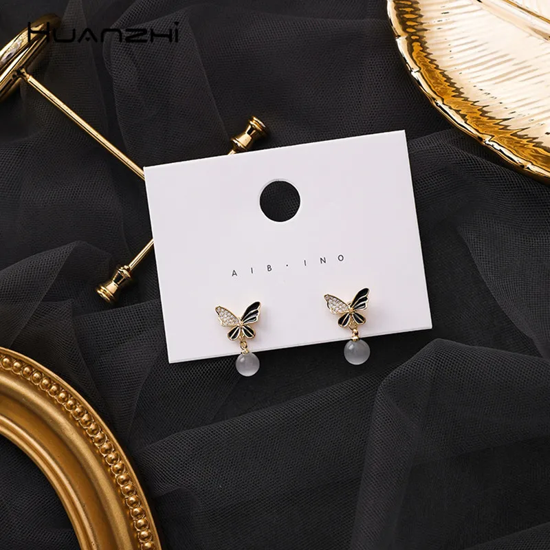 

HUANZHI 2019 Butterfly 925 Rhinestone Enamel Metal Transparent Dots Small Design Drop Earrings For Women Girls Wedding Jewelry