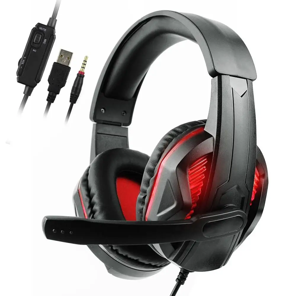 Gaming Headphones Wired Gamer Headset Stereo Sound Over Ear Earphone with Mic and LED Light for PC Laptop PS4 Computer USB