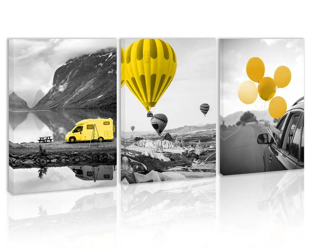 

Black and White Yellow Landscape Car Wall Art Decor Canvas Painting Kitchen Balloons Snow Mountain Prints Pictures for Home