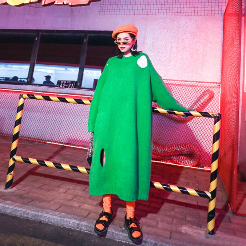 [EAM] Women Hollow Out Big Size Knitted Dress New Round Neck Long Sleeve Loose Fit Fashion Tide Spring Autumn 19A-a400