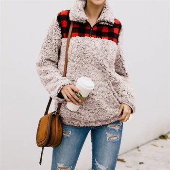 

Women Outerwear Fashion Plaid Patchwork Fluffy Thick Sweaters Warm Zipper Pullovers Women Winter Coat Tops