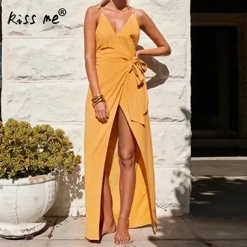 

Front Slit Drawstring Beach Dress Sexy Bikini Cover Up Sling Beach Maxi Dress Yellow Backless Beach Wear Sarong Tunic Yellow