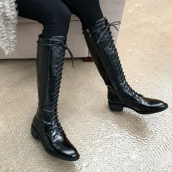 

Cross Tie Shoes For Women Autumn Winter Genuine Leather Knee High Heels 2020 Working Thick Heels Slim Long Shoes Woman