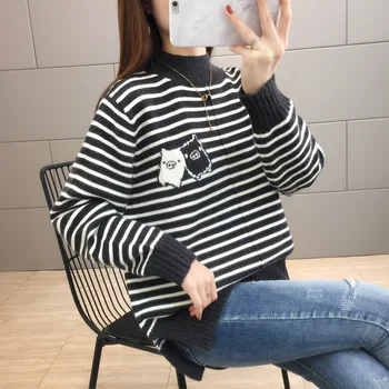 

Sweater Women Sale New Loose Fit Pullover High Collar Stripe Net Lazy Wind Student Bottoming Sweater In Autumn And Winter 2020