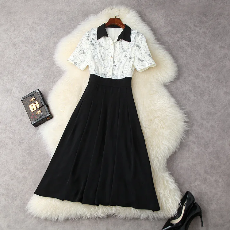 

European and American women's wear for summer 2021 Short sleeve lapel Sequins splicing Fashion black and white dress