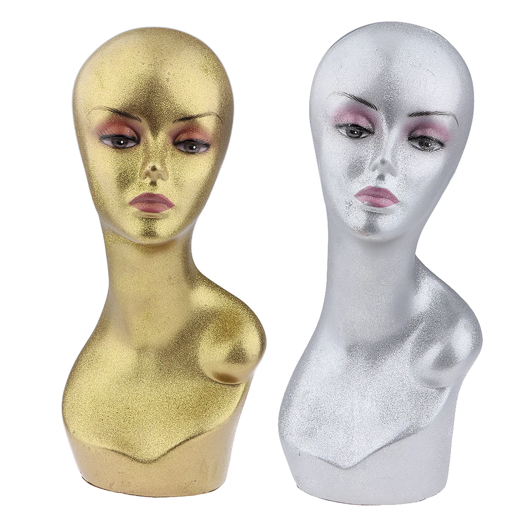 2Pieces Female Mannequin Head Model Wig Hat Cap Sunglass Display Manikin Metallic - Gold and Silver