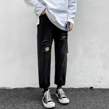 Blue Black Ripped Jeans Men's Fashion Washed Retro Casual Straight Jeans Pants Men Streetwear Loose Hip Hop Hole Denim Trousers