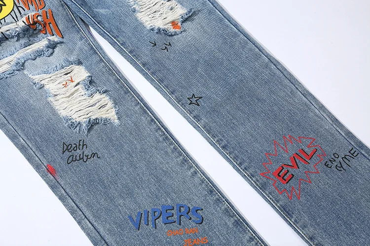 Новые мужские обтягивающие джинсы со смайликом облегающие эластичные синие джинсы с дырками хлопковые легкие удобные джинсы в стиле хип-хоп с граффити