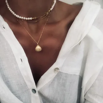 

Shell Statement Coin Pendant Multi-layer Choker Necklace For Women Vintage Simulated Pearl Gold Chains 2019 New Jewelry Gifts