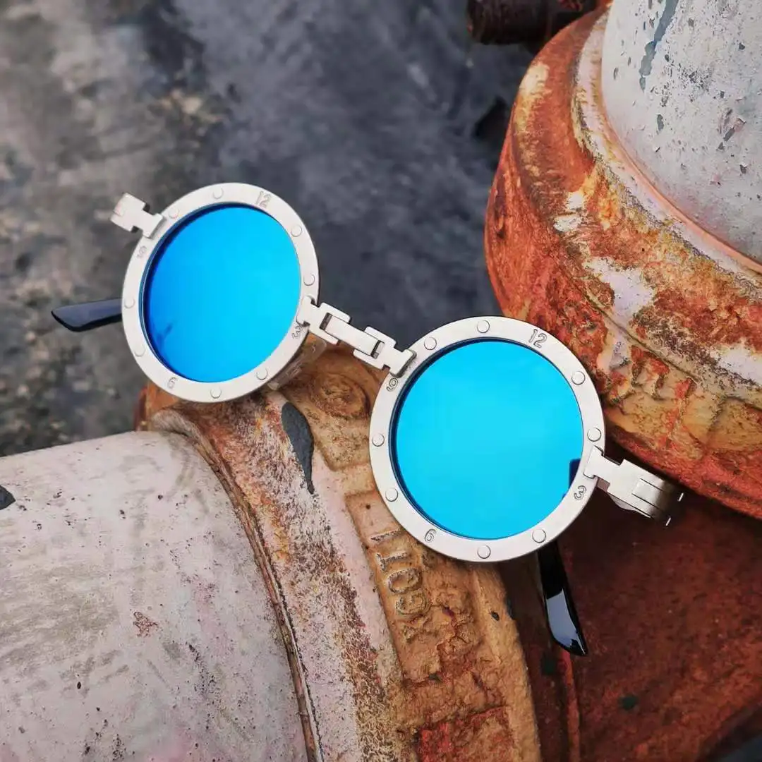 Винтажные мужские женские солнцезащитные очкив ретро стиле паровой панк стиль круглая металлическая оправа красочные зеркальные линзы солнцезащитные очки Gafas sol mujer - Цвет линз: C2 Blue Mirror