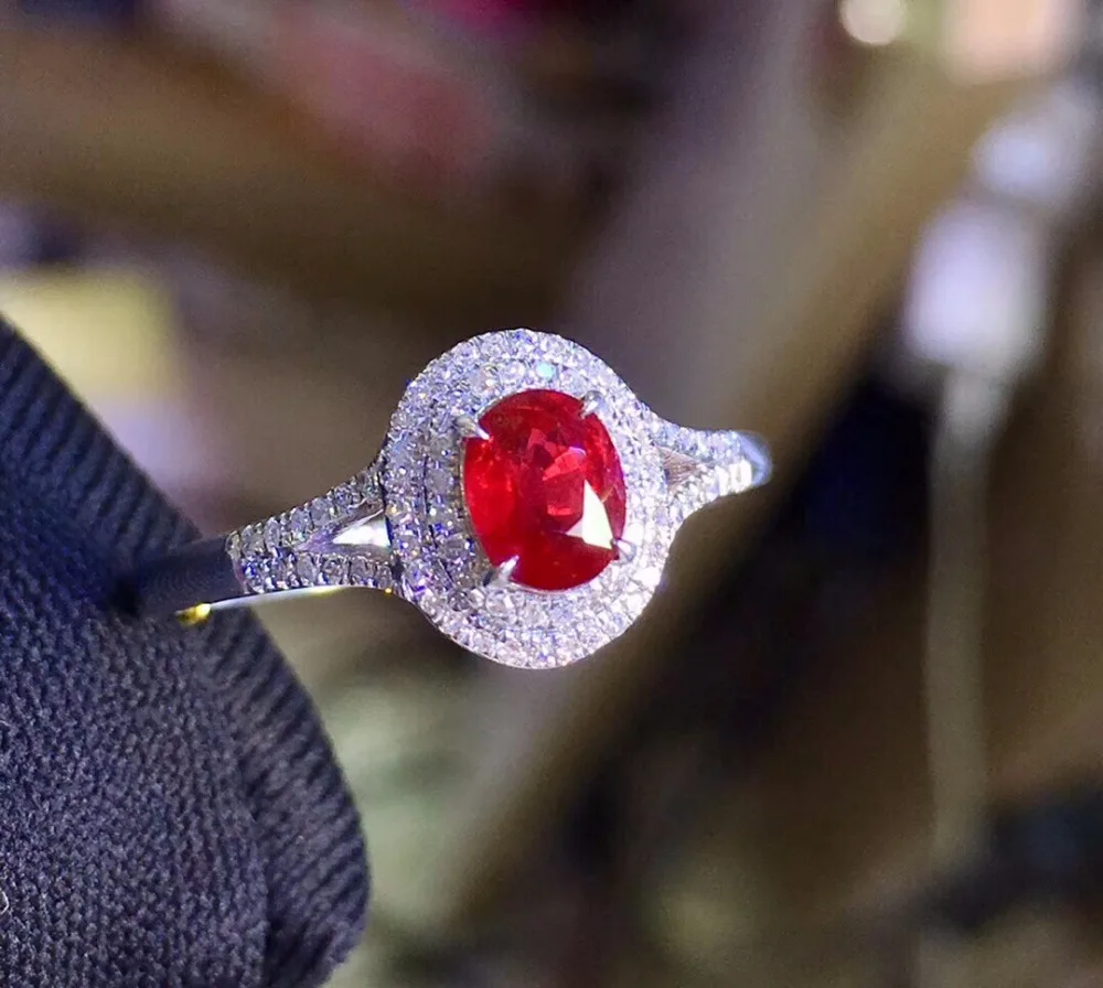 Ювелирные изделия из чистого 18 K Белый Золотой Настоящее с натуральным красным Рубином 0.51ct бриллианты ювелирные изделия женские кольца для женщин тонкое кольцо