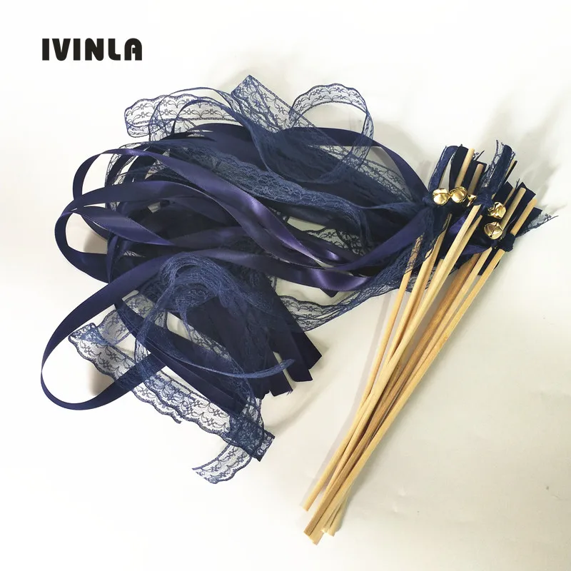 Newest 50pcs/lot navy Lace Wedding Ribbon Wands and big Bells for wedding decoration